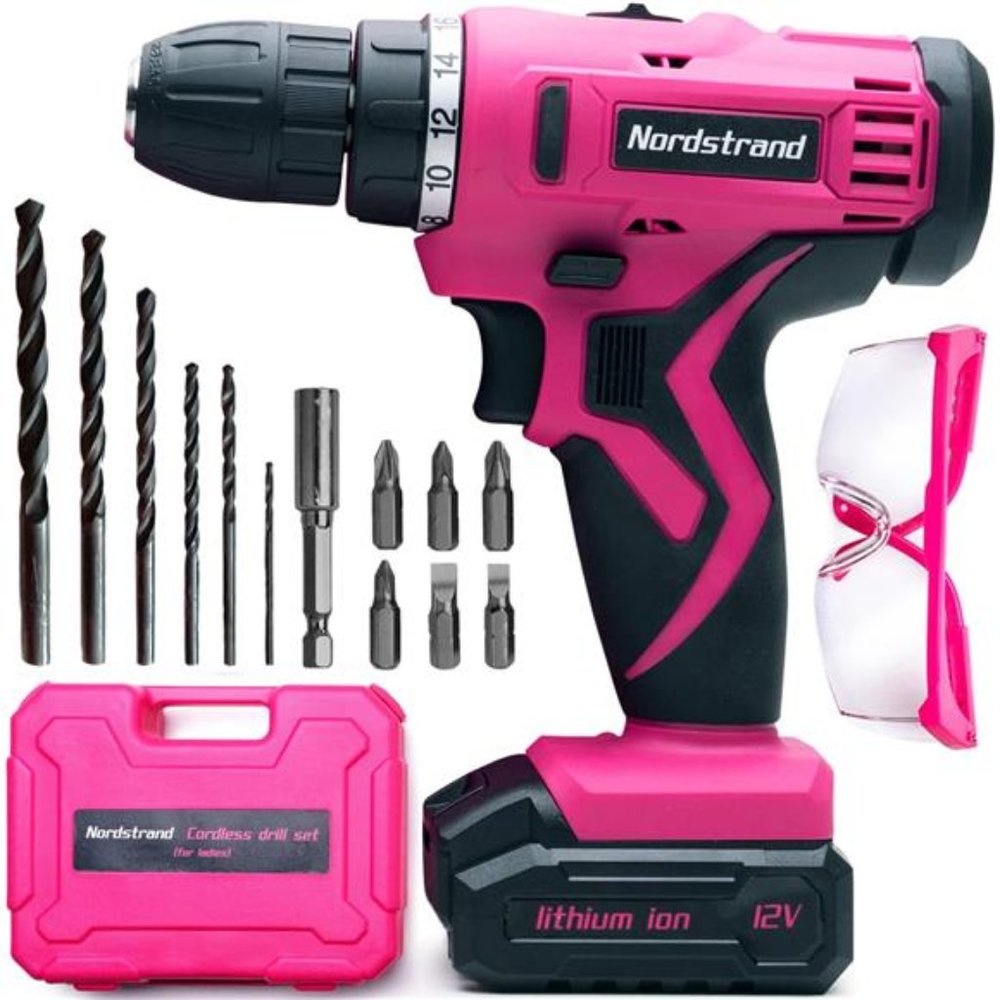Pink Cordless Drill Set - Electric Screwdriver Cordless Drill Kit for Women